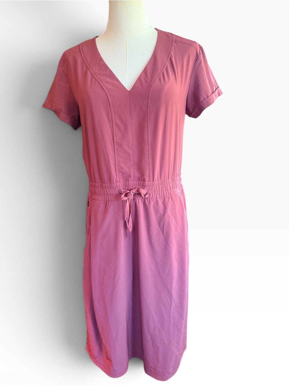 REI Co-op Dusty Rose Pink V-Neck Drawstring Waist Active Travel Dress Medium